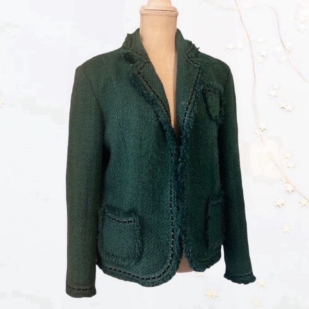 Dialogue Tweed Teal Frayed Wool Blend Blazer size 12